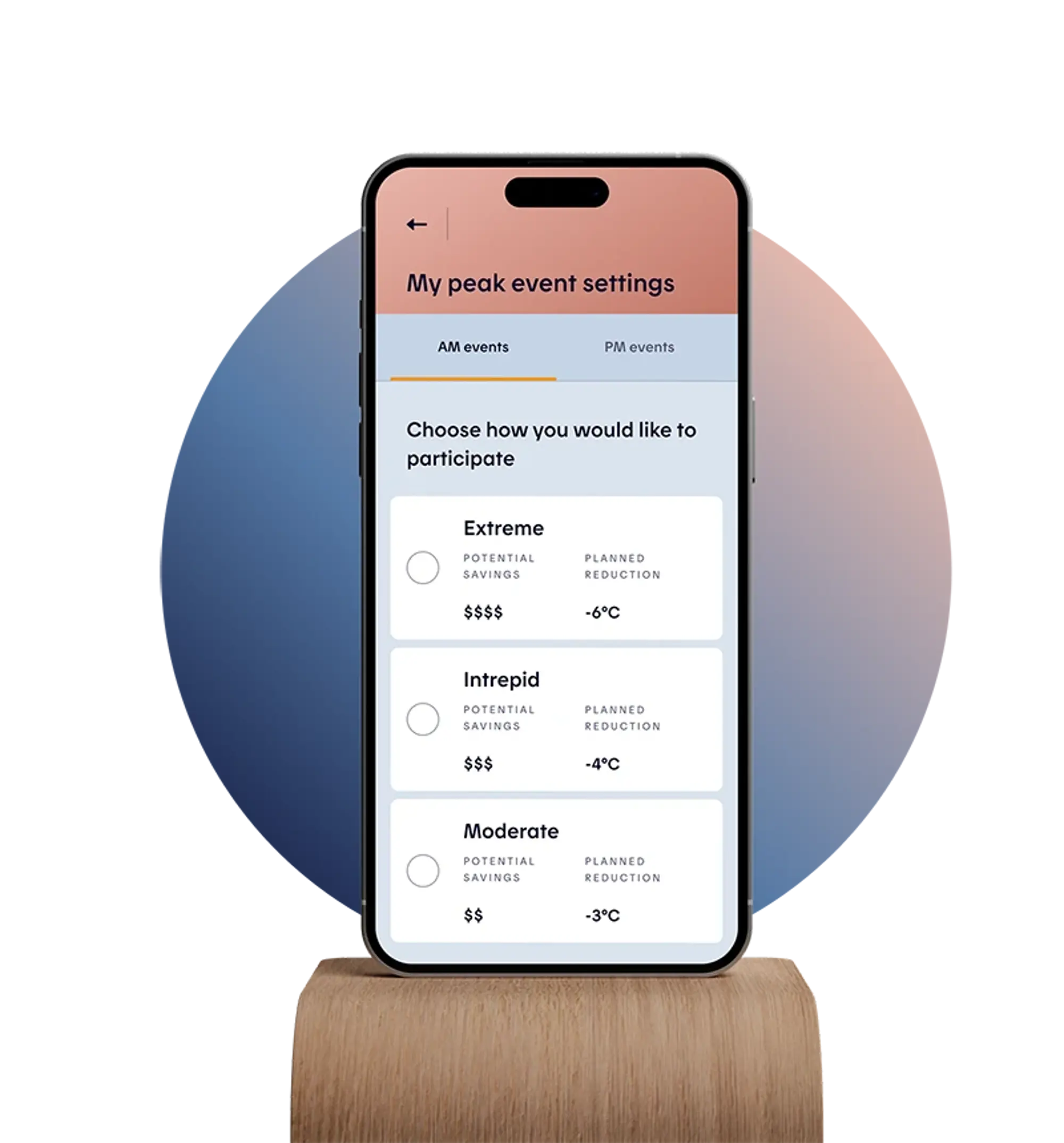 A phone on a wooden stand displays Hilo peak event settings with three modes: Extreme, Bold, and Moderate.