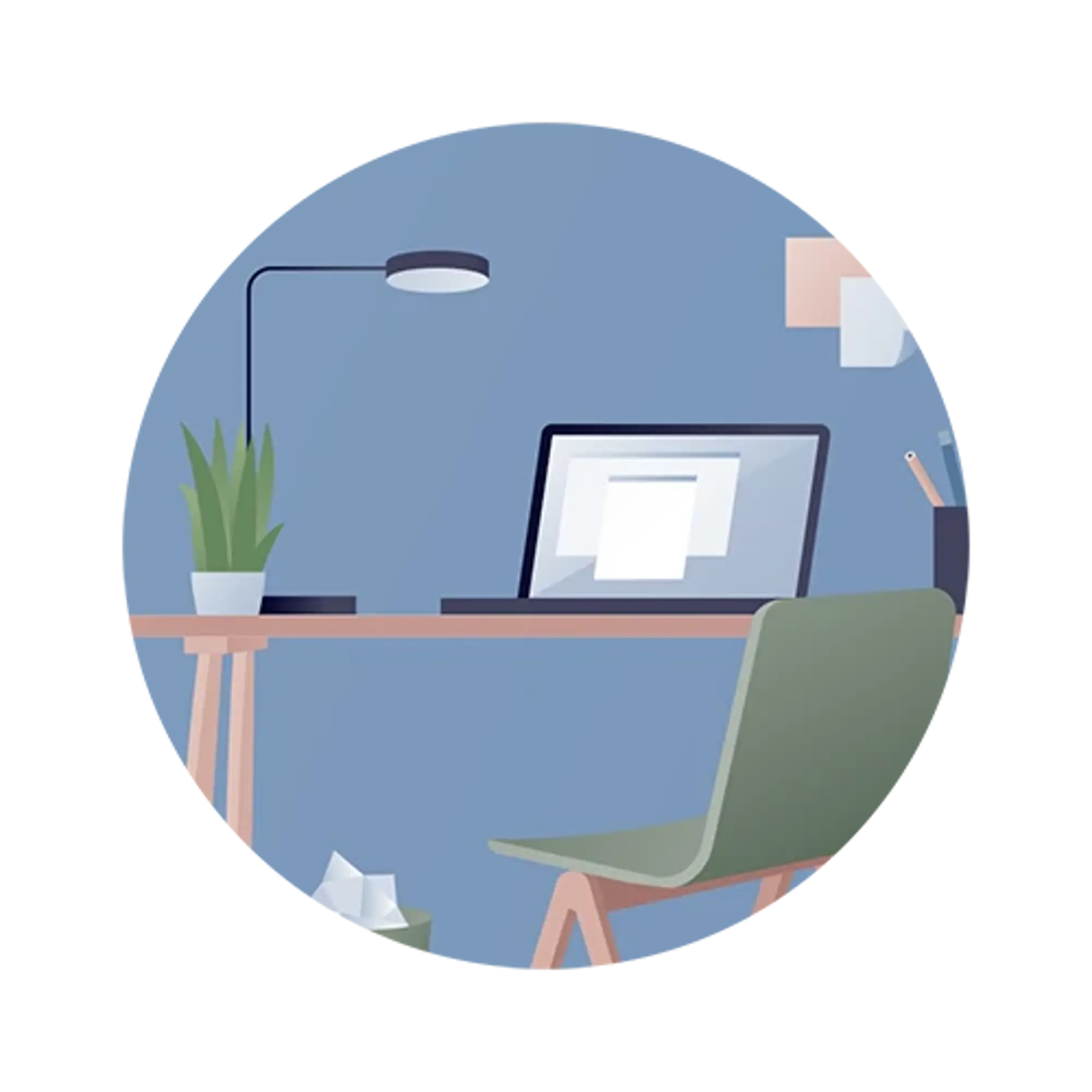 a desk with a laptop, lamp, plant, and green chair.