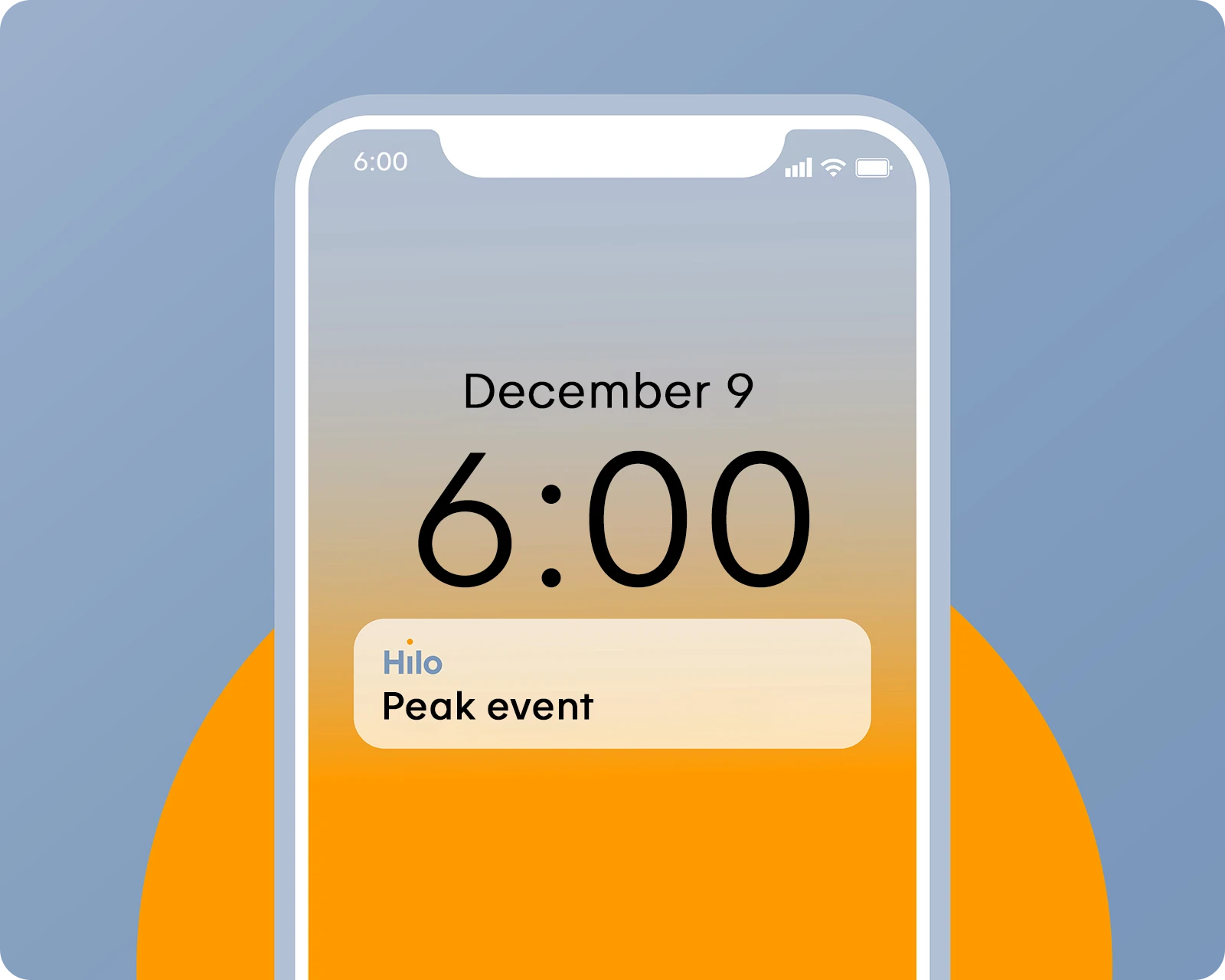Phone screen showing a notification “Peak event” scheduled for December 11 at 6:00.