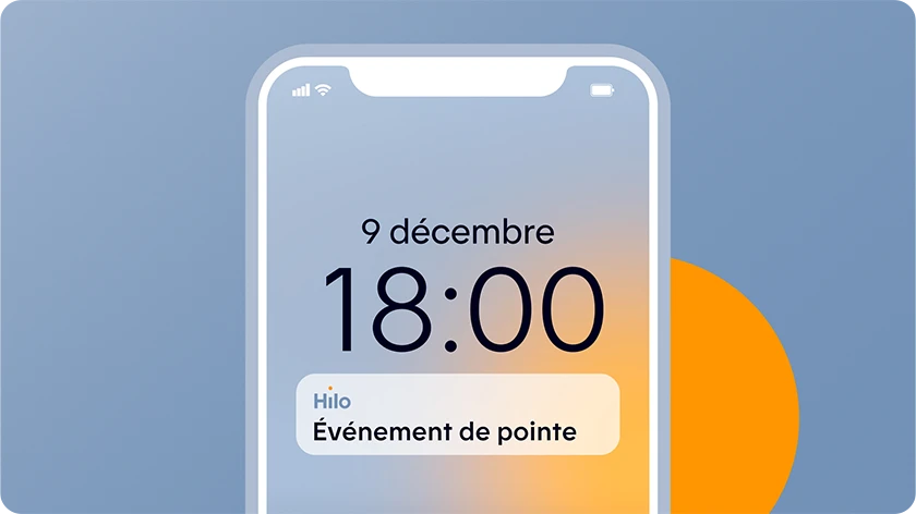 Écran de téléphone affichant une notification « Événement de pointe » le 9 décembre à 18 h.