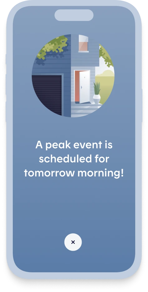 the Hilo app with an alert saying “a peak event is scheduled for tomorrow morning!”