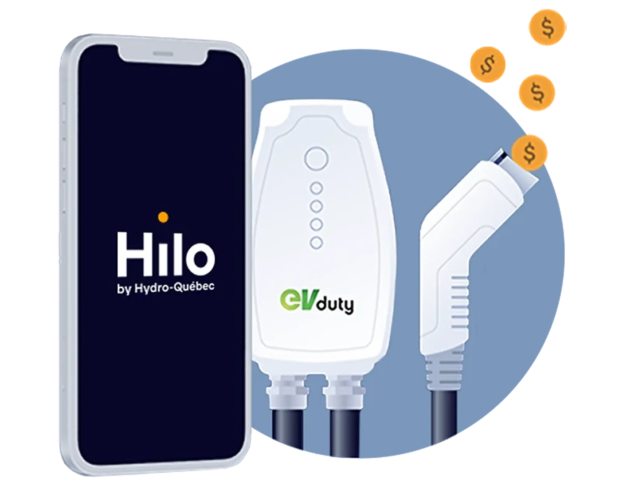 Illustration of the Hilo app and a compatible EVDuty charging station