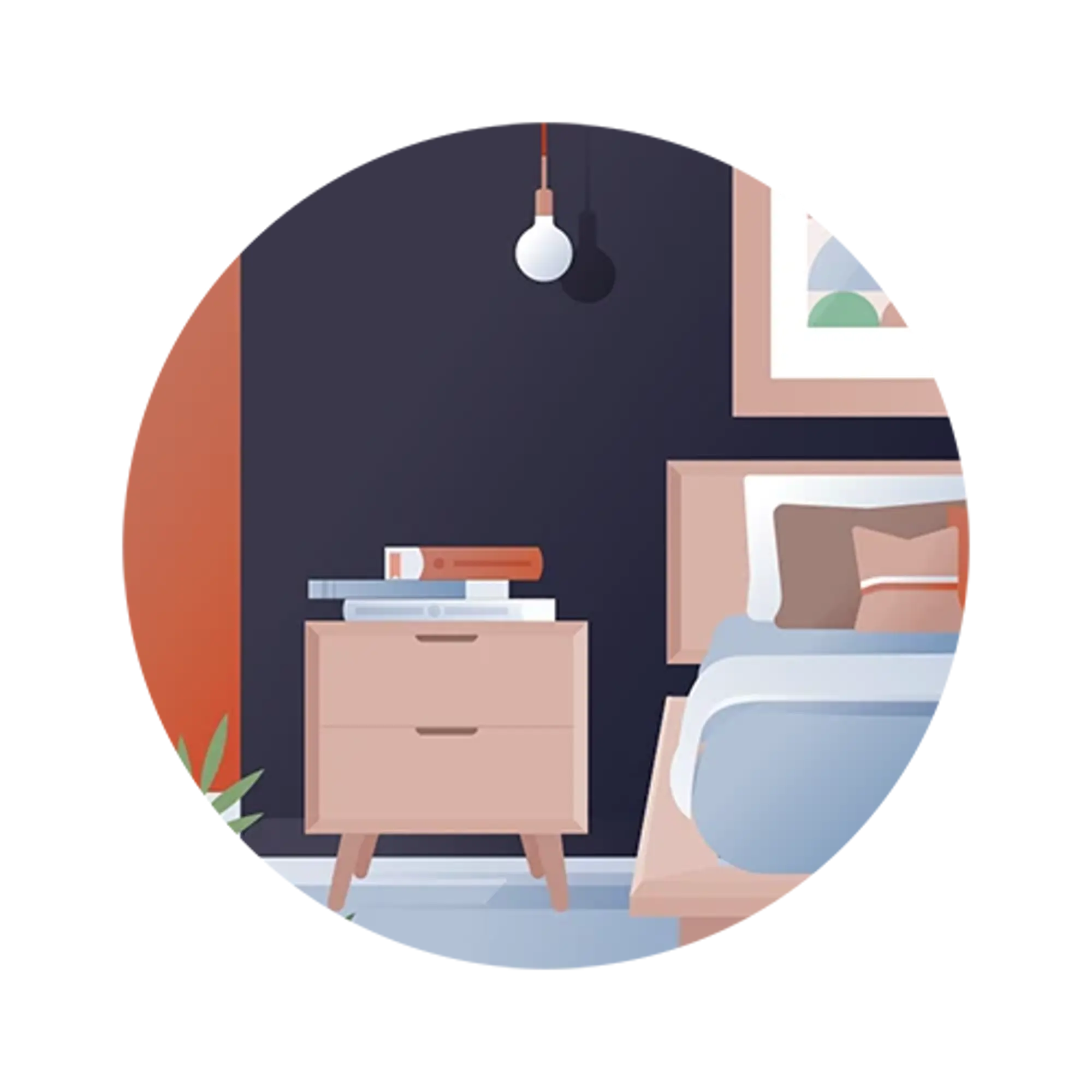 Bedroom with bed, pillows, nightstand and books under a hanging light bulb.