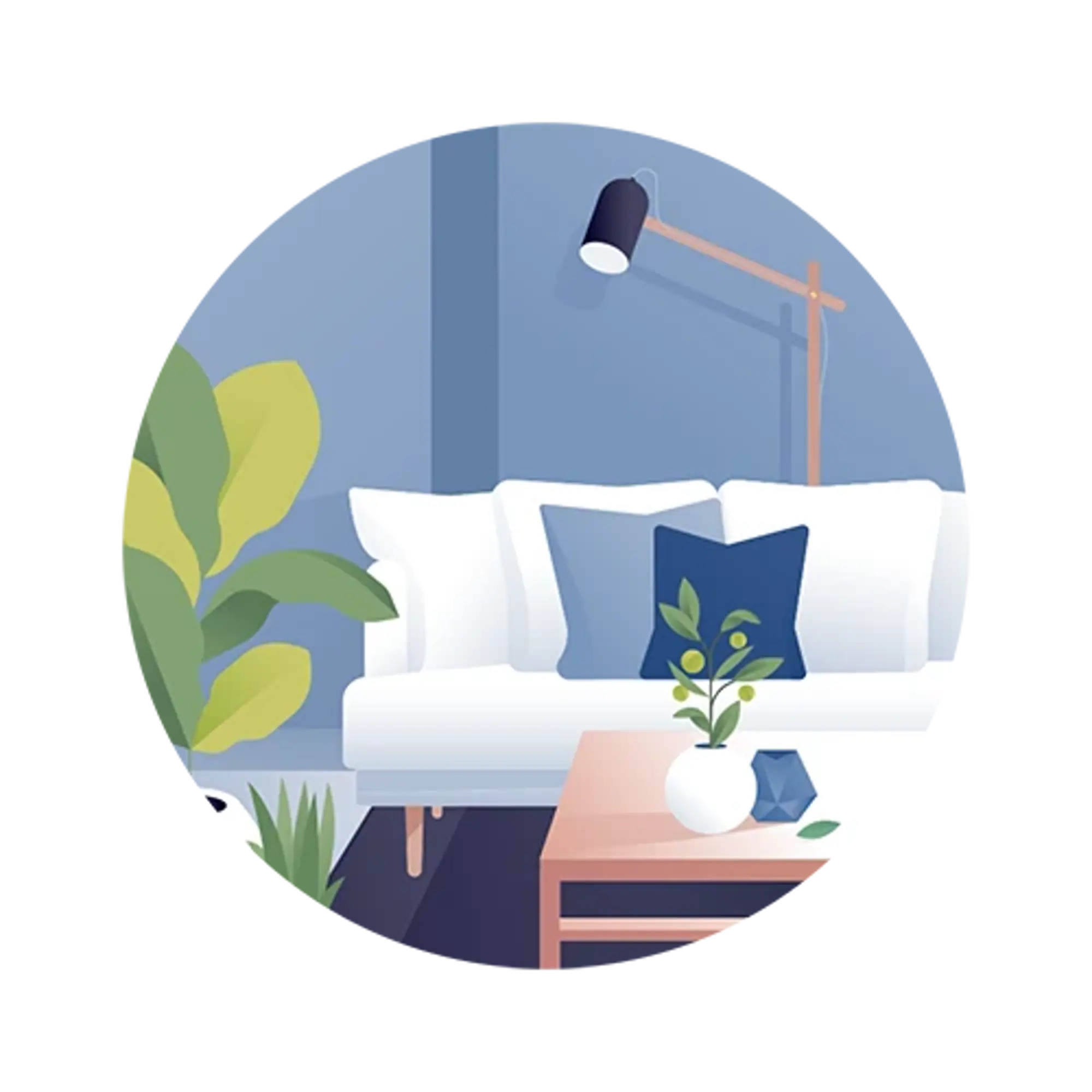 Modern living room with white sofa, blue cushions, wall lamp, and a plant on a coffee table.