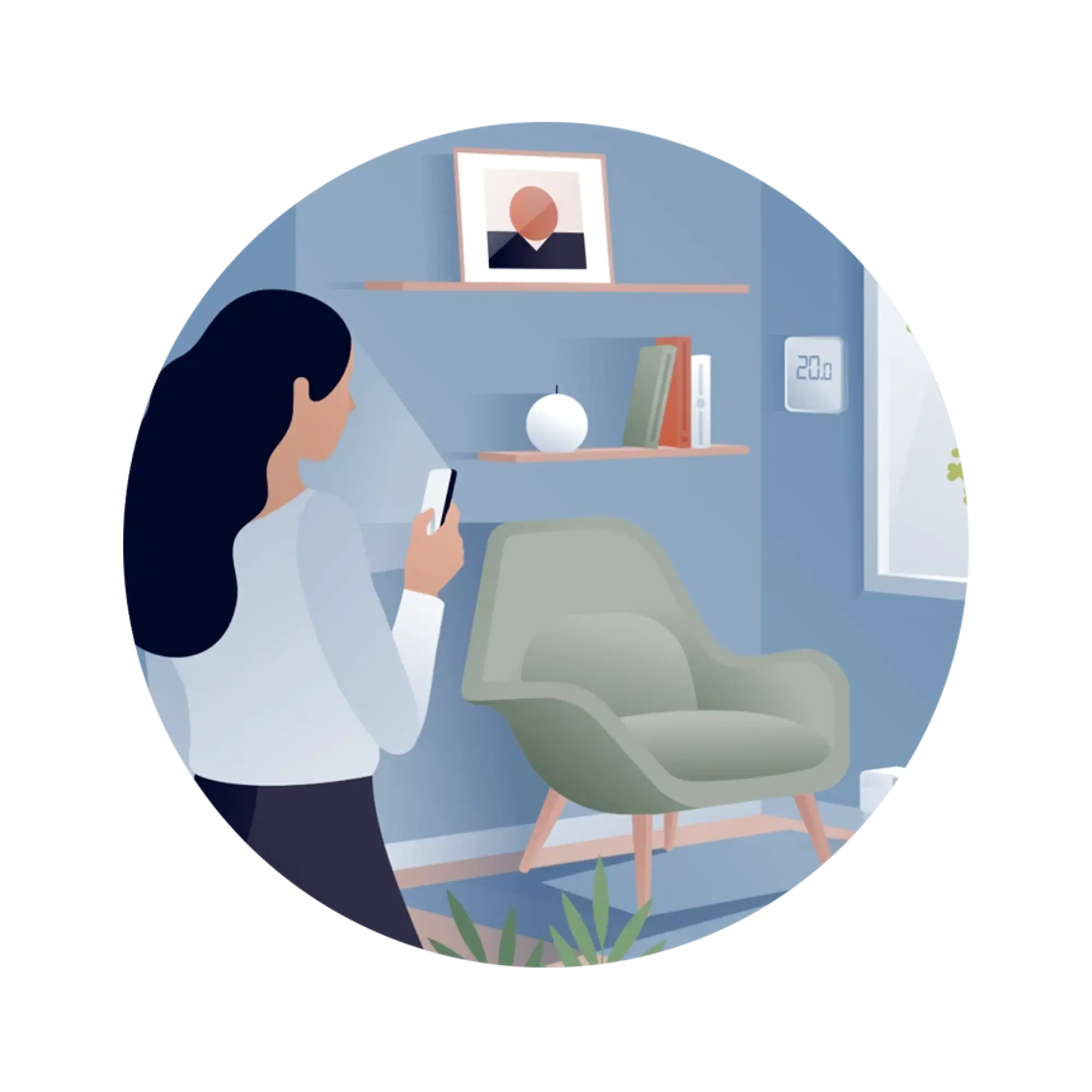 Woman holding a phone in a modern living room with green armchair, shelves, and a thermostat showing 20°C.