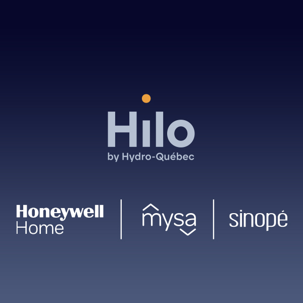 The logos of Hilo by Hydro-Québec, Honeywell Home, Mysa, and Sinopé