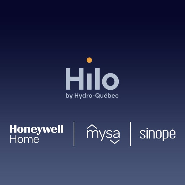 The logos of Hilo by Hydro-Québec, Honeywell Home, Mysa, and Sinopé