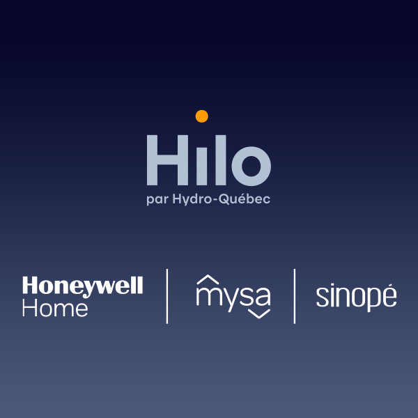 Les logos d'Hilo par Hydro-Québec, d'Honeywell Home, de Mysa et de Sinopé