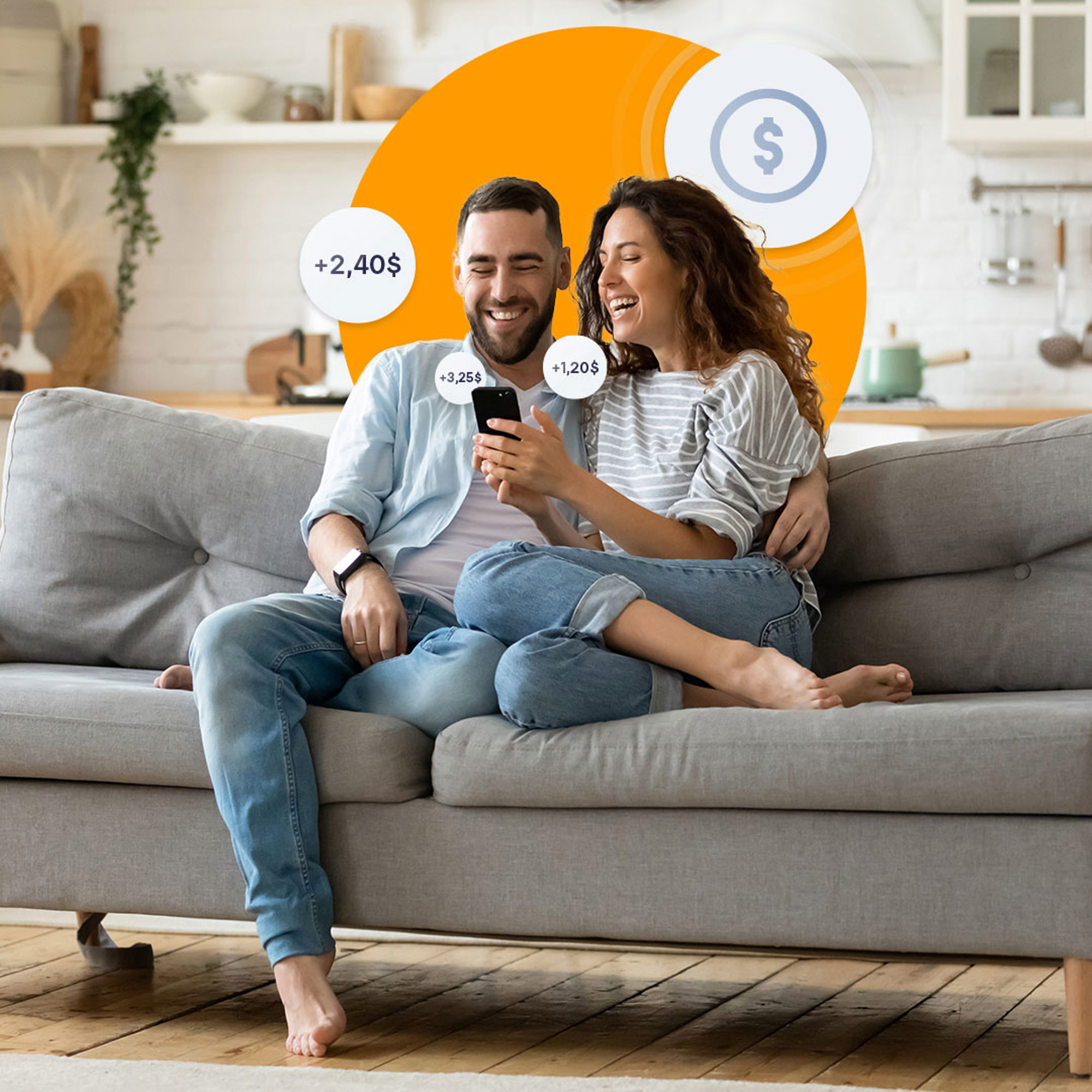 Couple consultant l'app Hilo - Estimez le montant total de vos économies avec Hilo
