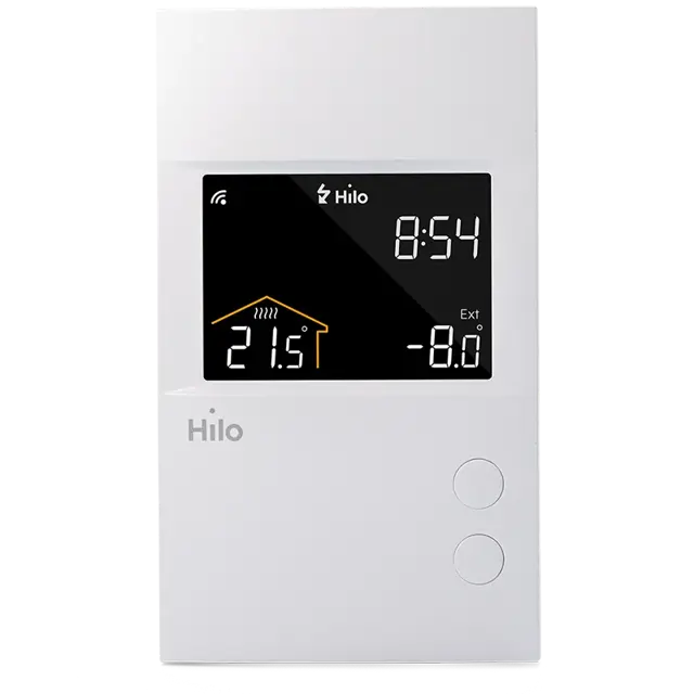 Thermostat intelligent Hilo pour plancher chauffant électrique. Convient aux systèmes de plancher chauffant électrique avec câble ou tapis de câble fonctionnant avec un thermostat mural de ligne seulement.
