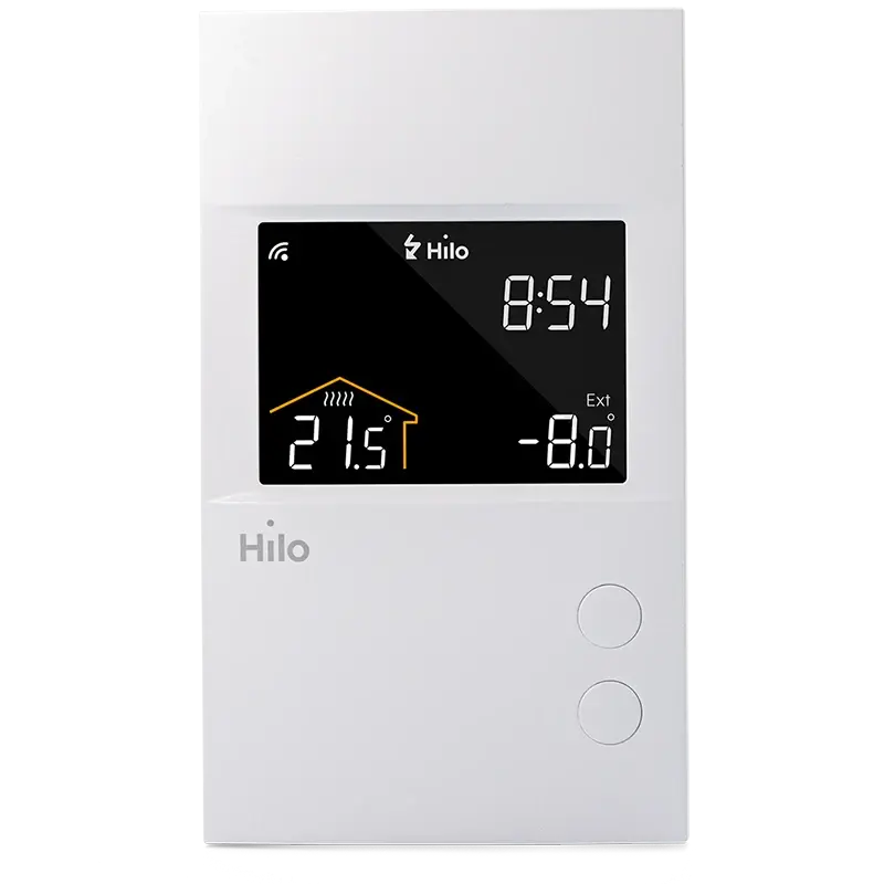 Thermostat intelligent Hilo pour plancher chauffant électrique. Convient aux systèmes de plancher chauffant électrique avec câble ou tapis de câble fonctionnant avec un thermostat mural de ligne seulement.