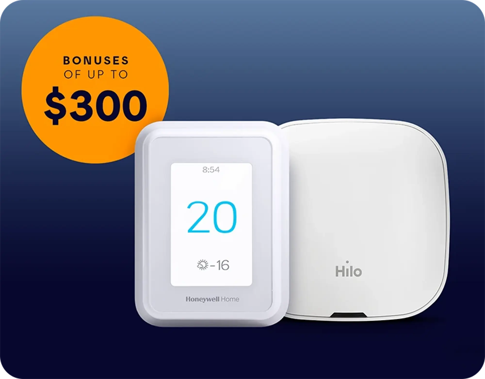 A smart thermostat displaying 20°C is placed next to a Hilo hub on a blue background, with an orange circle indicating a rebate of up to $300.