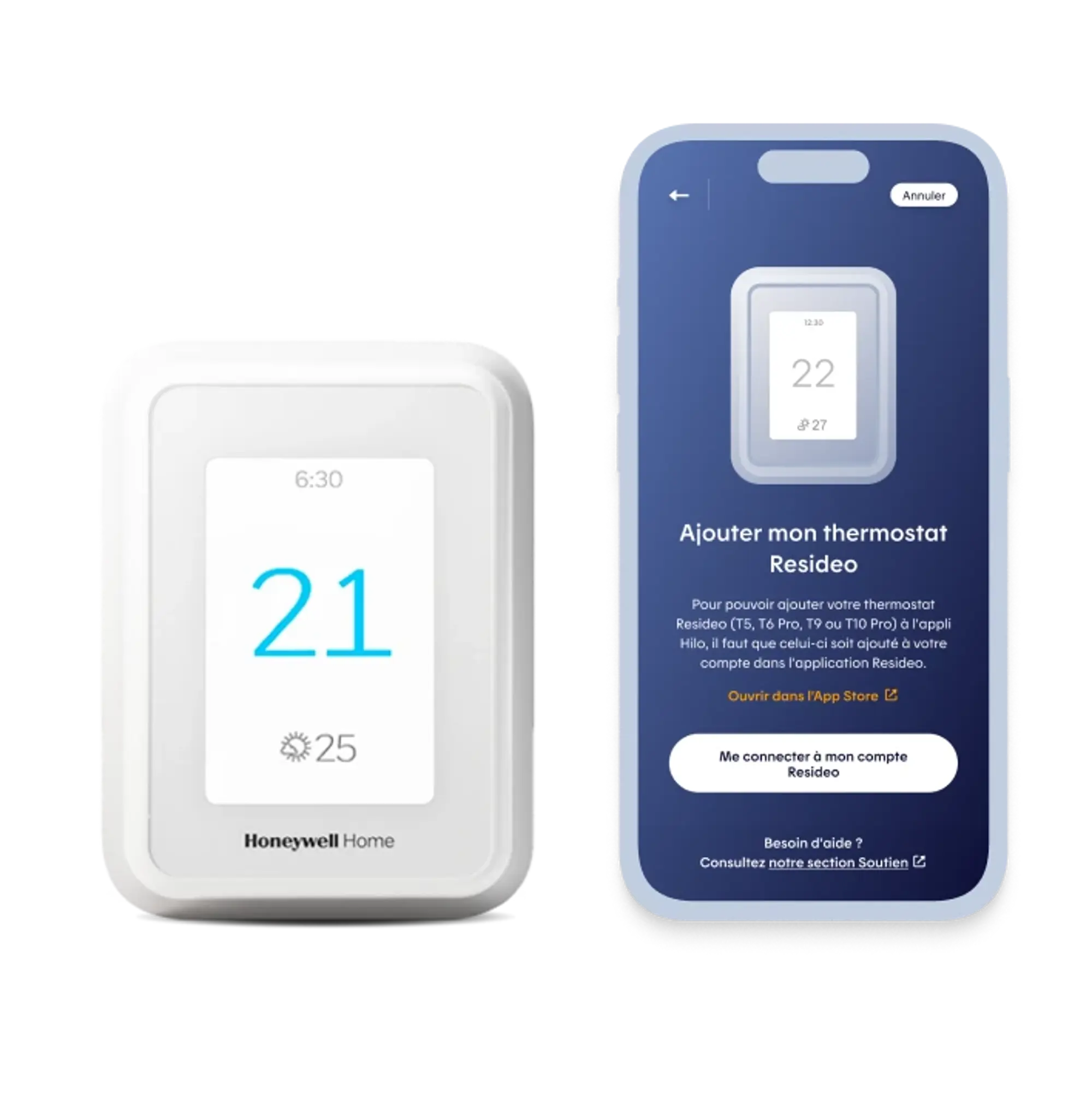 Un thermostat intelligent Honeywell affichant 21 °C est placé à côté d’un téléphone montrant l’écran d’ajout du thermostat dans l'app Hilo.
