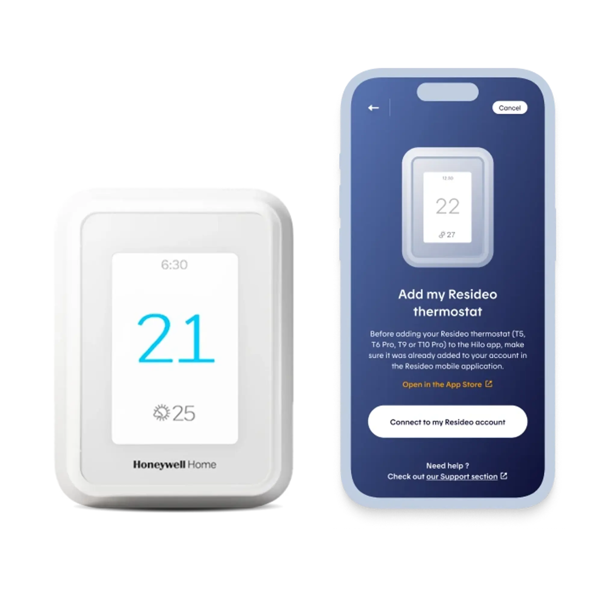 A Honeywell smart thermostat displaying 21°C is placed next to a phone showing the thermostat addition screen in the Hilo app.