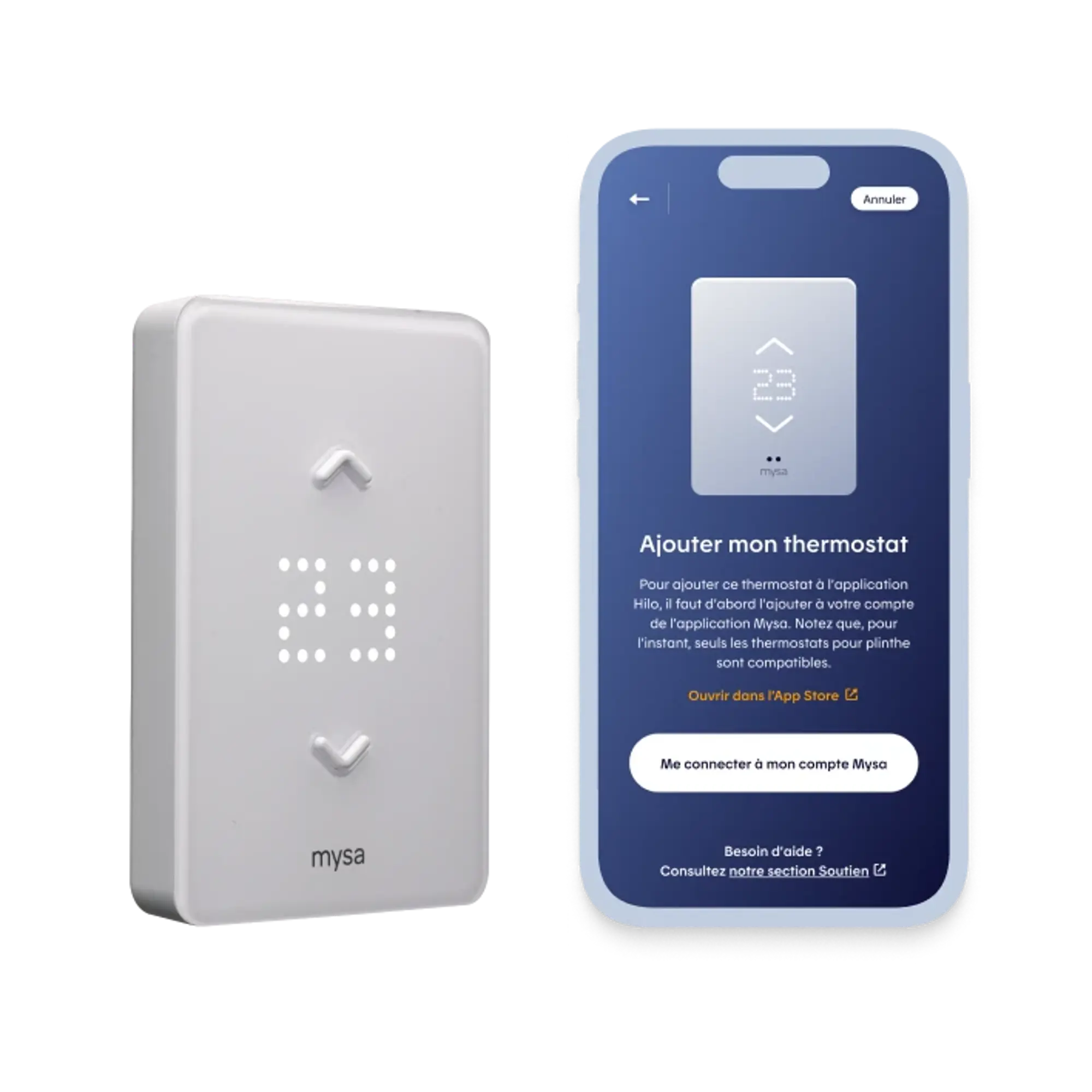 Un thermostat intelligent Mysa affichant 21 °C est placé à côté d’un téléphone montrant l’écran d’ajout du thermostat dans l'app Hilo.