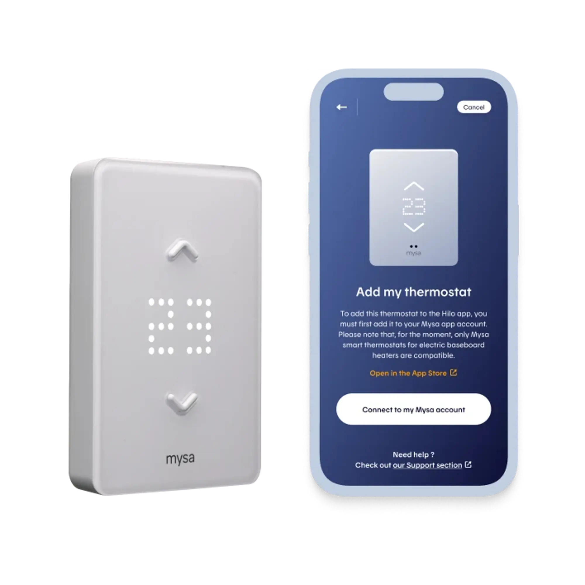 A Mysa smart thermostat displaying 21°C is placed next to a phone showing the thermostat addition screen in the Hilo app.