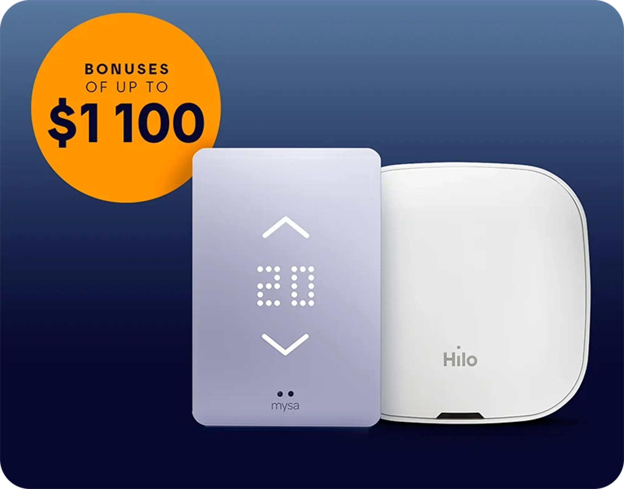 A smart thermostat displaying 20°C is placed next to a Hilo hub on a blue background, with an orange circle indicating a rebate of up to $1,100.