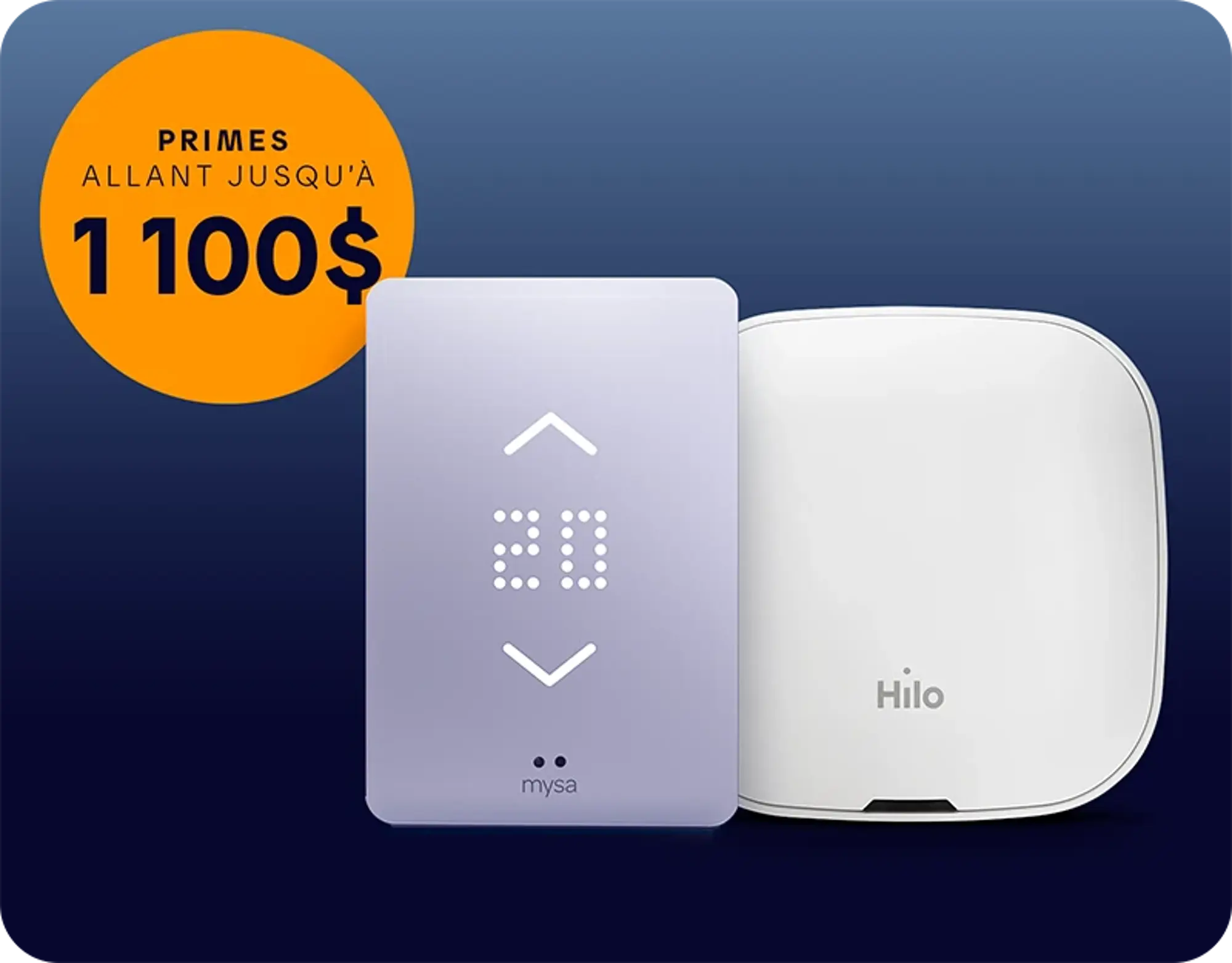 Un thermostat intelligent Mysa affichant 20 °C à côté d’une passerelle Hilo sur fond bleu, avec un cercle orange indiquant une prime allant jusqu’à 1 100 $.