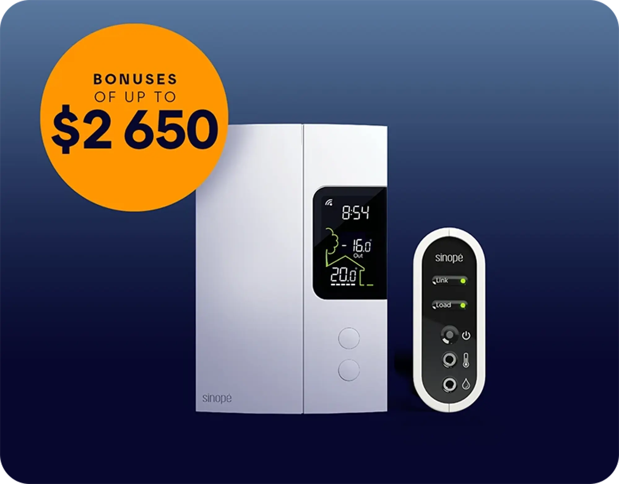 A smart thermostat and Sinopé smart controller next to a Hilo gateway on a blue background, with an orange circle indicating a rebate of up to $2,650.